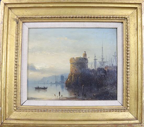 J Hilveredinck (1813-1902), oil on panel, harbour scene, signed, 10 x 13cm